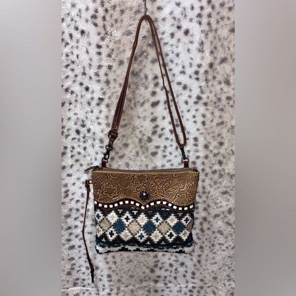 Myra Bag Brown and Blue Crossbody Bag - Picture 1 of 11
